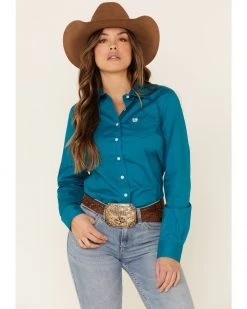 Cinch Women's Teal Solid Button Front Long Sleeve Western Shirt  -Cinch Shop 2000330809 442 P1 1
