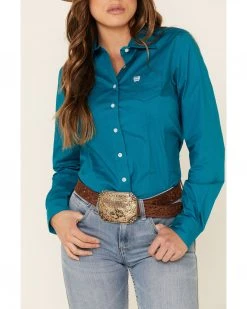 Cinch Women's Teal Solid Button Front Long Sleeve Western Shirt  -Cinch Shop 2000330809 442 P3