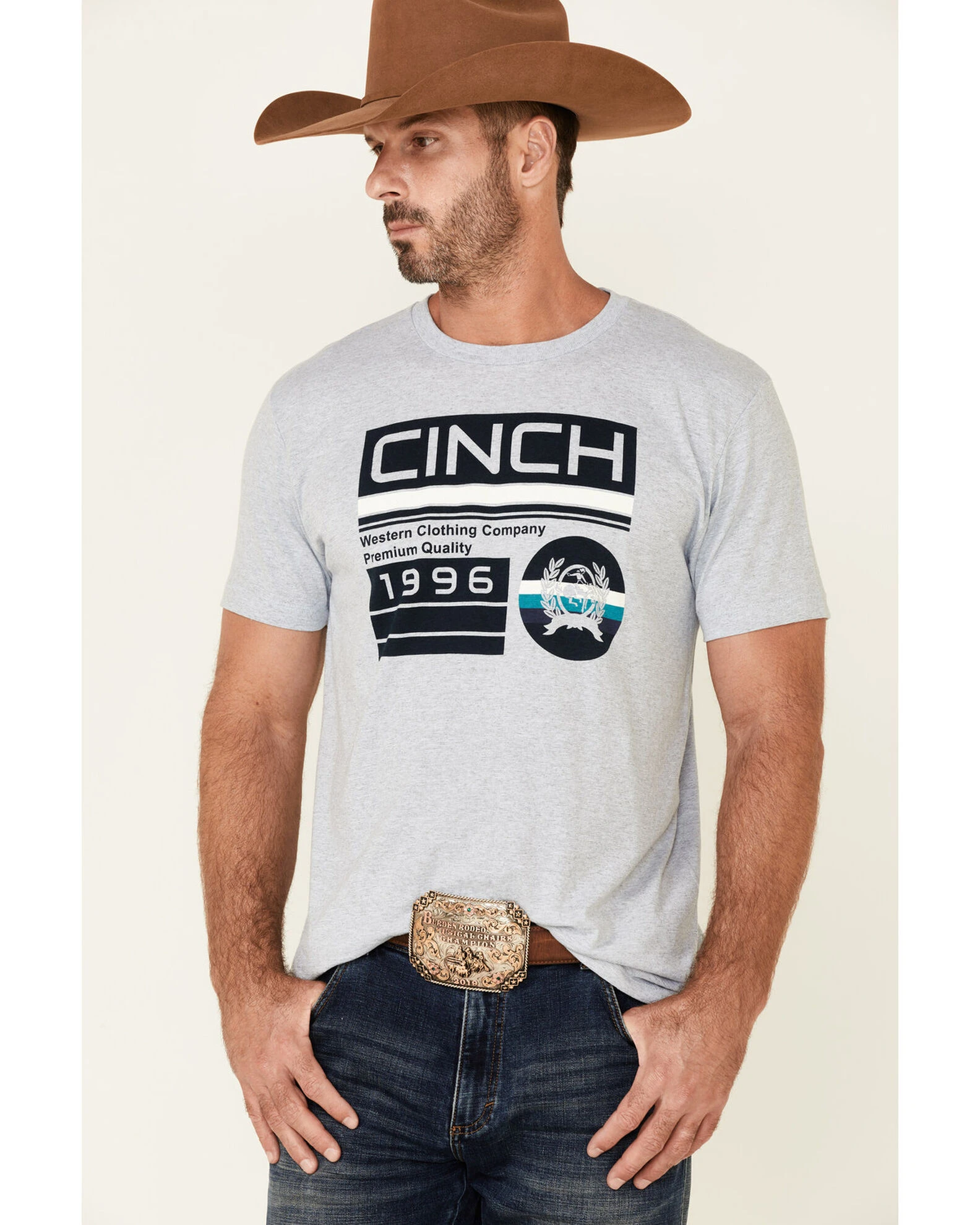 Cinch Men's Heather Light Grey Circle Logo Shor T Sleeve T-Shirt 1 Cinch Men's Heather Light Grey Circle Logo Shor T Sleeve T-Shirt