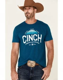 Cinch Men's Heather Teal Logo Brand Graphic Short Sleeve T-Shirt 