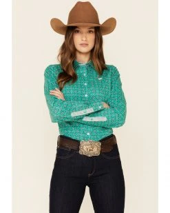Cinch Women's Green Geo Print Long Sleeve Button-Down Western Core Shirt  -Cinch Shop 2000355881 300 P1 1