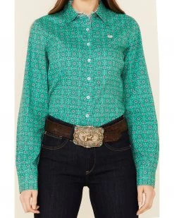Cinch Women's Green Geo Print Long Sleeve Button-Down Western Core Shirt  -Cinch Shop 2000355881 300 P3
