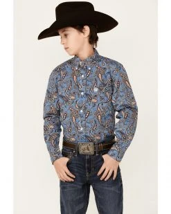 Cinch Boys' Blue & Orange Paisley Print Long Sleeve Button-Down Western Shirt  -Cinch Shop 2000355927 400 P1 1
