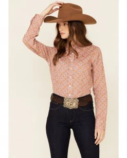 Cinch Women's Orange & Pink Tile Geo Print Long Sleeve Button-Down Western Core Shirt 