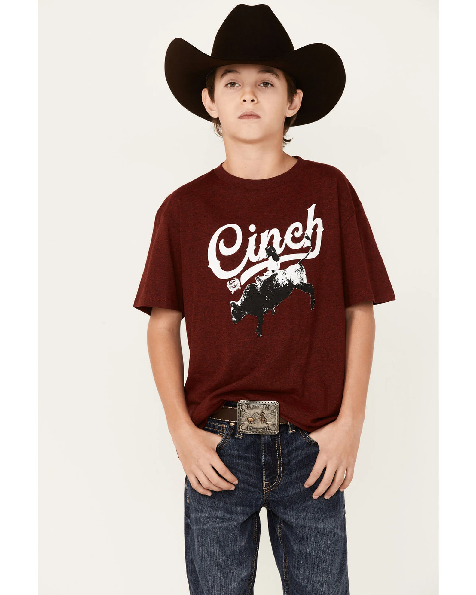 Cinch Boys' Heather Burgundy Signature Logo Graphic Short Sleeve T-Shirt 1 Cinch Boys' Heather Burgundy Signature Logo Graphic Short Sleeve T-Shirt