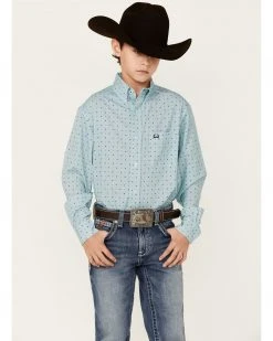Cinch Boys' Light Blue Diamond Geo Print ArenaFlex Long Sleeve Button-Down Western Shirt 