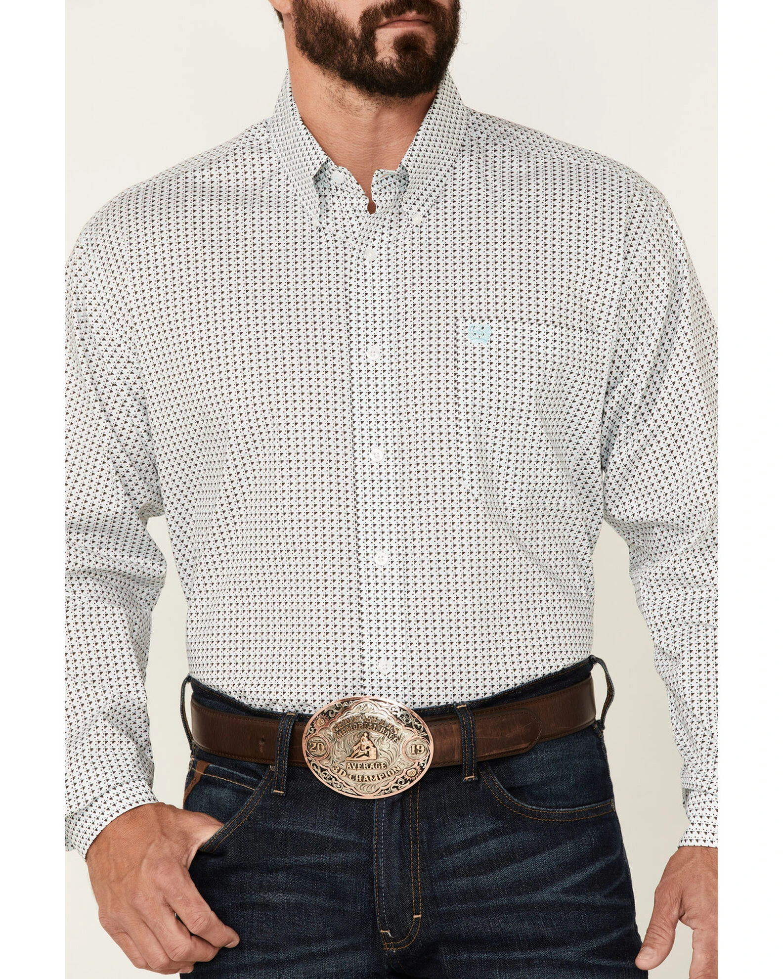 Cinch Men's White Stretch Geo Print Long Sleeve Button-Down Western Shirt 3 Cinch Men's White Stretch Geo Print Long Sleeve Button-Down Western Shirt - Image 3