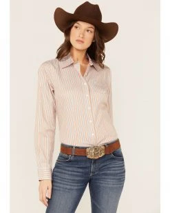 Cinch Women's Stripe Print Long Sleeve Button-Down Western Shirt Coral
