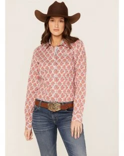 Cinch Women's Paisley Print Long Sleeve Button-Down Core Shirt Coral