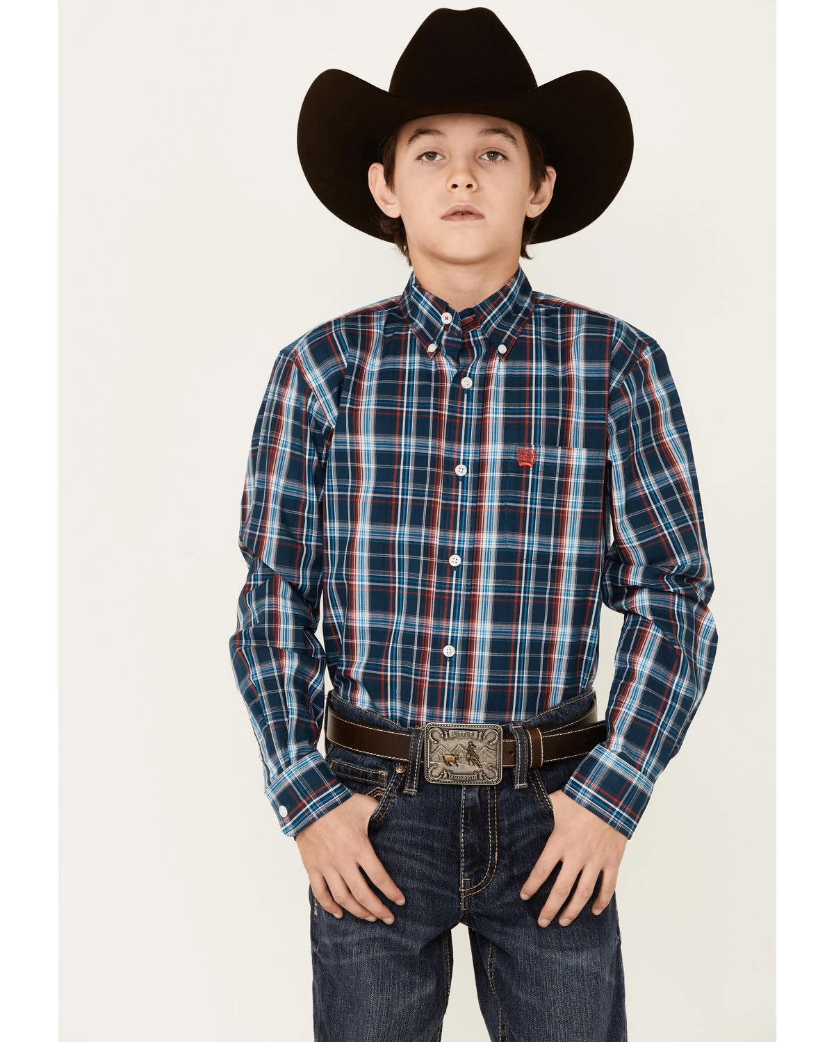 Cinch Boys' Plaid Print Long Sleeve Button-Down Shirt Navy 5 Cinch Boys' Plaid Print Long Sleeve Button-Down Shirt Navy - Image 5