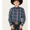 Cinch Boys' Plaid Print Long Sleeve Button-Down Shirt Navy