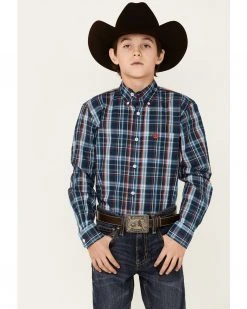 Cinch Boys' Plaid Print Long Sleeve Button-Down Shirt Navy