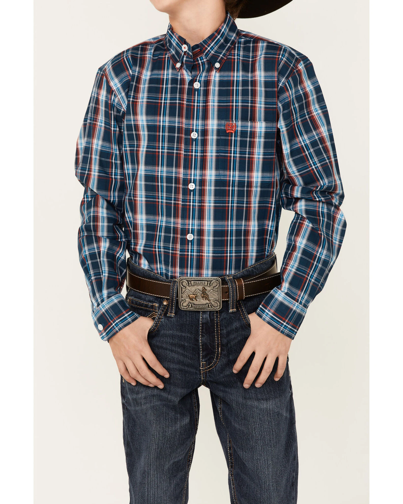 Cinch Boys' Plaid Print Long Sleeve Button-Down Shirt Navy 2 Cinch Boys' Plaid Print Long Sleeve Button-Down Shirt Navy - Image 2