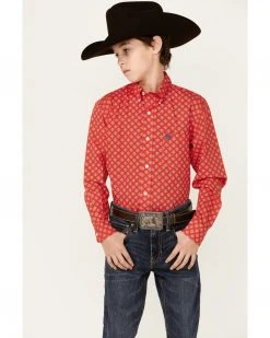Cinch Boys' Geo Print Long Sleeve Button-Down Shirt Red