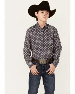Cinch Boys' Medallion Geo Print Long Sleeve Button-Down Stretch ArenaFlex Shirt Navy