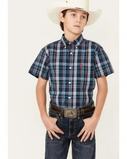 Cinch Boys' Plaid Print Short Sleeve Button-Down Shirt Navy