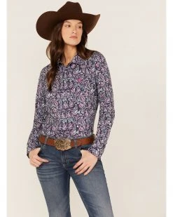 Cinch Women's Paisley Print Long Sleeve Button-Down Stretch ArenaFlex Shirt Purple