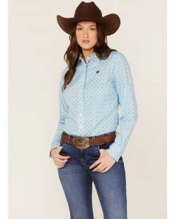 Cinch Women's Star Geo Print Button-Down Long Sleeve Western Shirt Light Blue