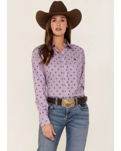 Cinch Women's Geo Print Long Sleeve Button-Down ArenaFlex Shirt Light Purple
