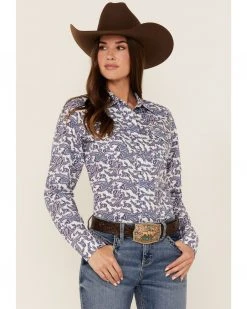 Cinch Women's Paisley Print Long Sleeve Snap Western Shirt Purple