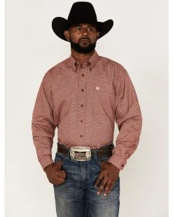 Cinch Men's Star Burgundy Geo Print Long Sleeve Button-Down Western Shirt 