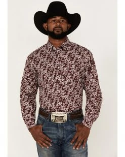 Cinch Men's Floral Burgundy & Grey Geo Print Long Sleeve Button-Down Western Shirt 