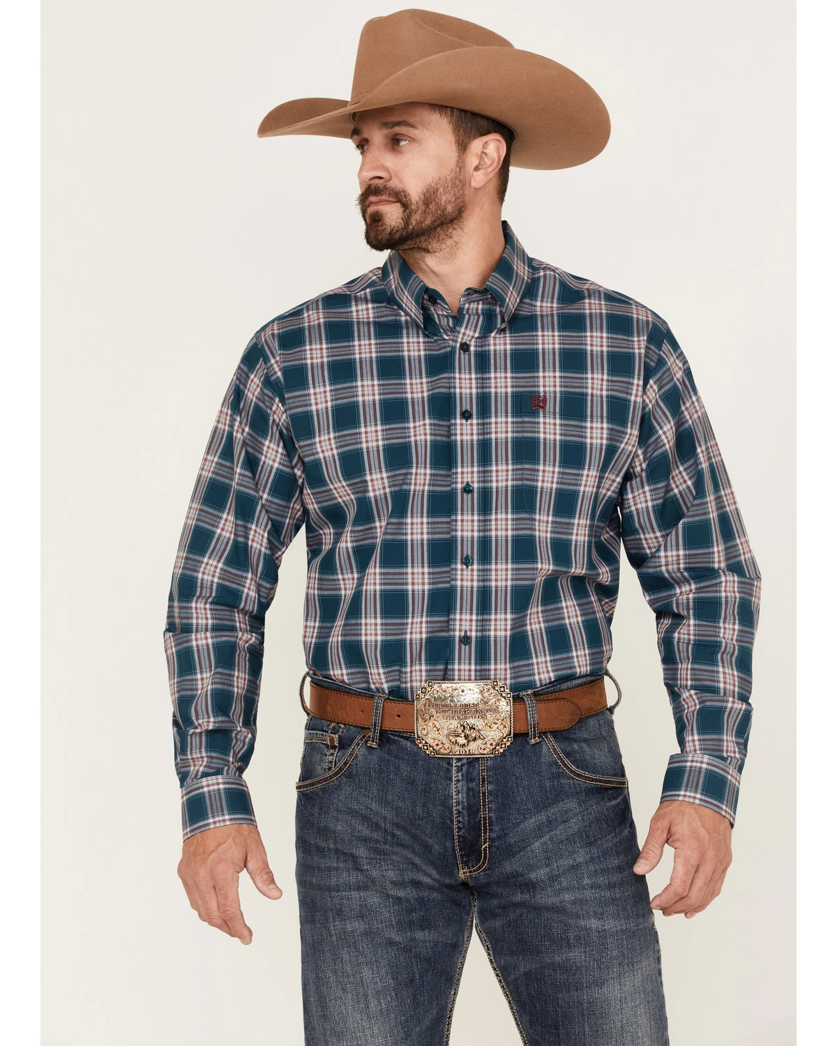 Cinch Men's Large Teal Plaid Long Sleeve Button-Down Western Shirt 5 Cinch Men's Large Teal Plaid Long Sleeve Button-Down Western Shirt - Image 5