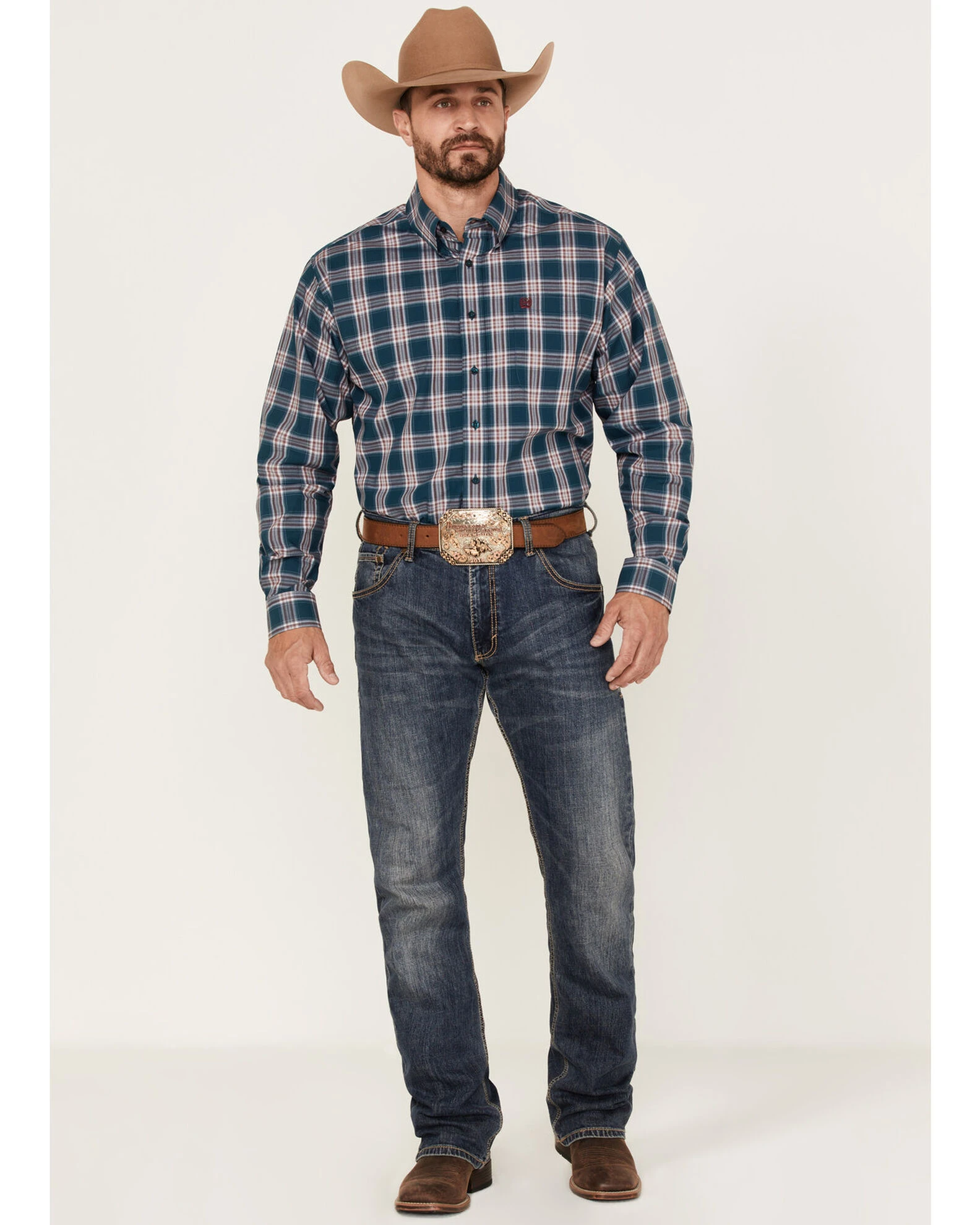 Cinch Men's Large Teal Plaid Long Sleeve Button-Down Western Shirt 2 Cinch Men's Large Teal Plaid Long Sleeve Button-Down Western Shirt - Image 2