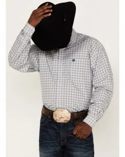 Cinch Men's Stretch Grey Diamond Geo Print Long Sleeve Button-Down Western Shirt 