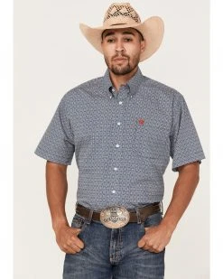 Cinch Men's Check Navy Geo Print Short Sleeve Button-Down Western Shirt 