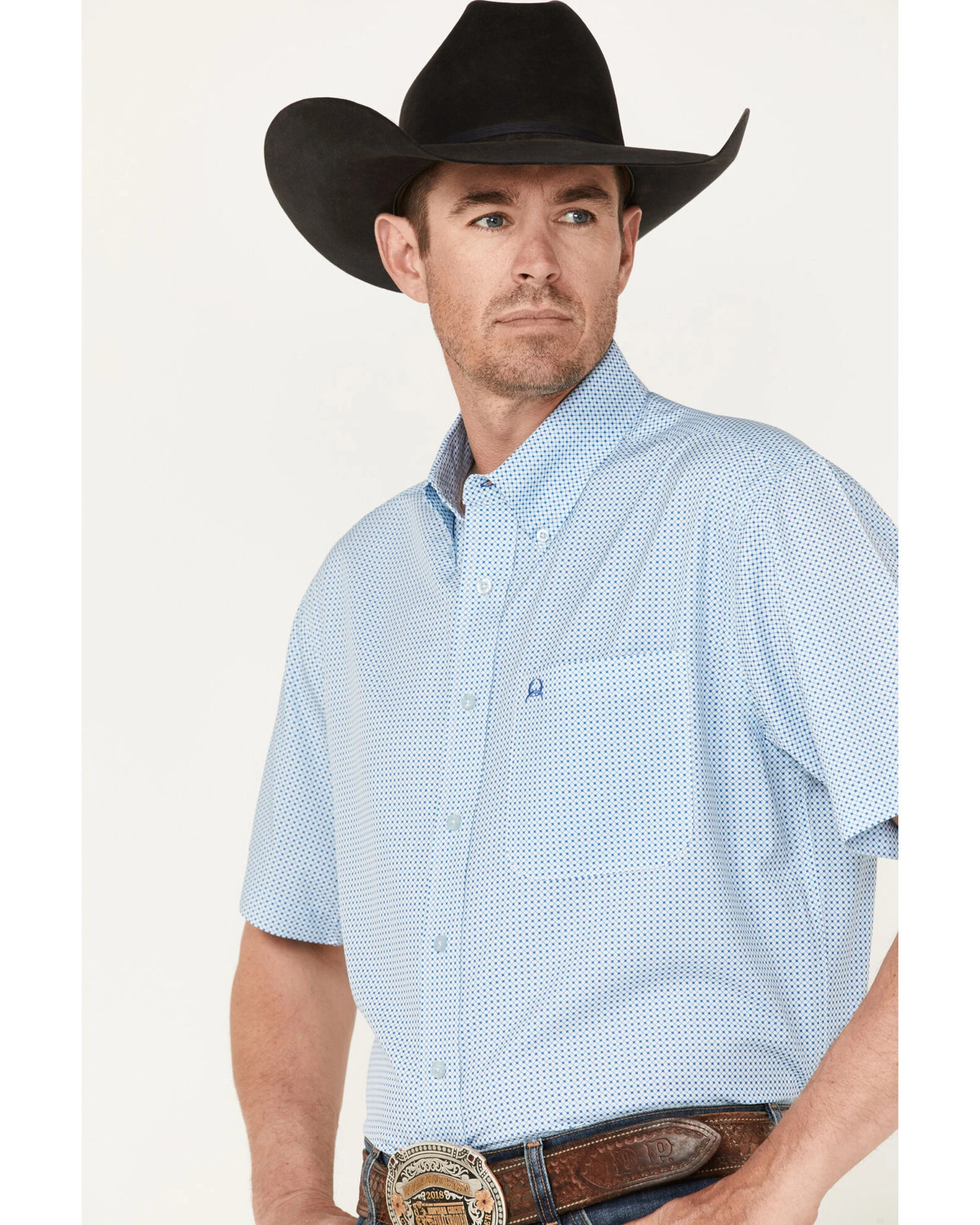 Cinch Men's Arena Flex Light Blue Small Check Short Sleeve Western Shirt 2 Cinch Men's Arena Flex Light Blue Small Check Short Sleeve Western Shirt - Image 2