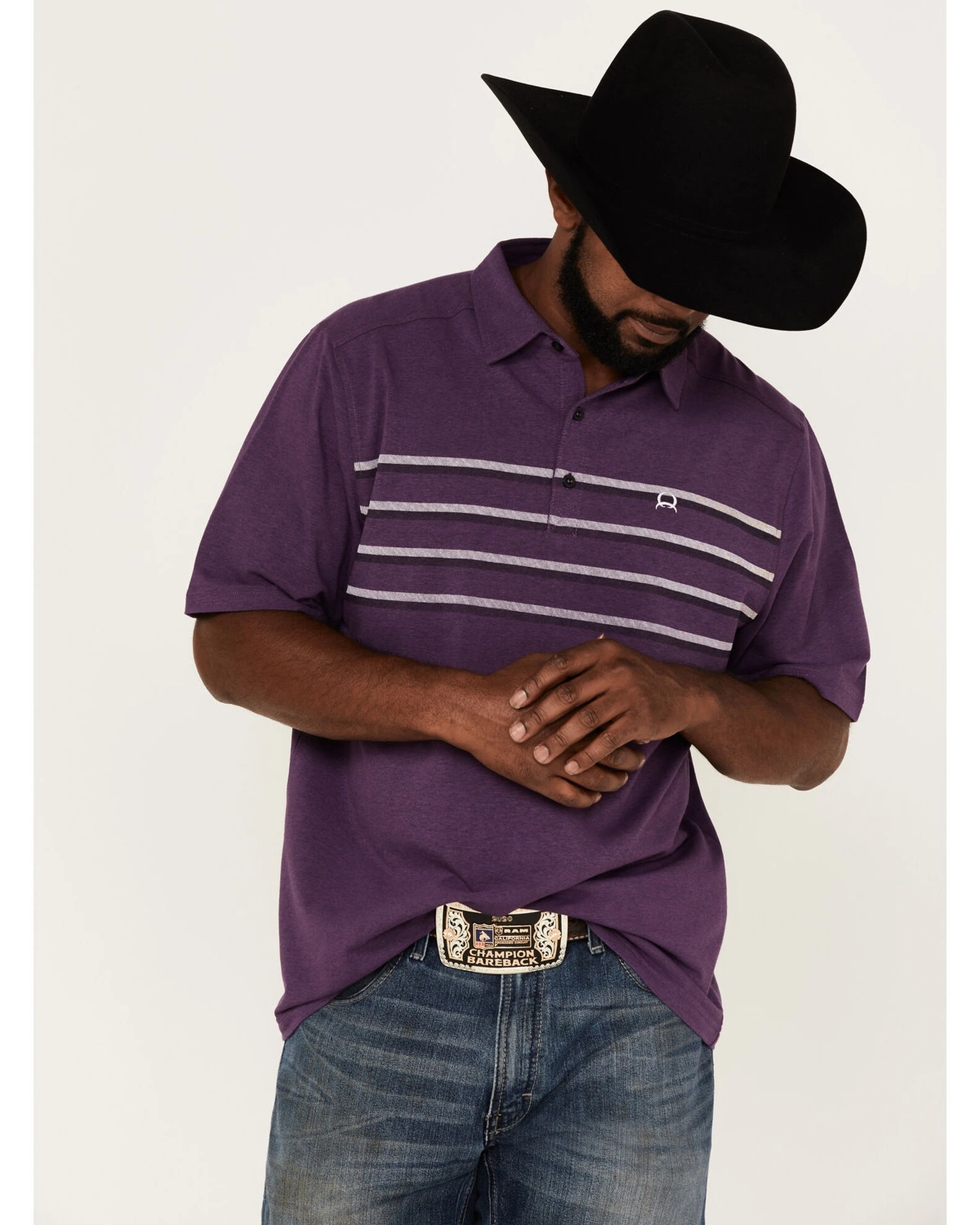 Cinch Men's Arena Flex Purple Chest Stripe Short Sleeve Polo Shirt 1 Cinch Men's Arena Flex Purple Chest Stripe Short Sleeve Polo Shirt