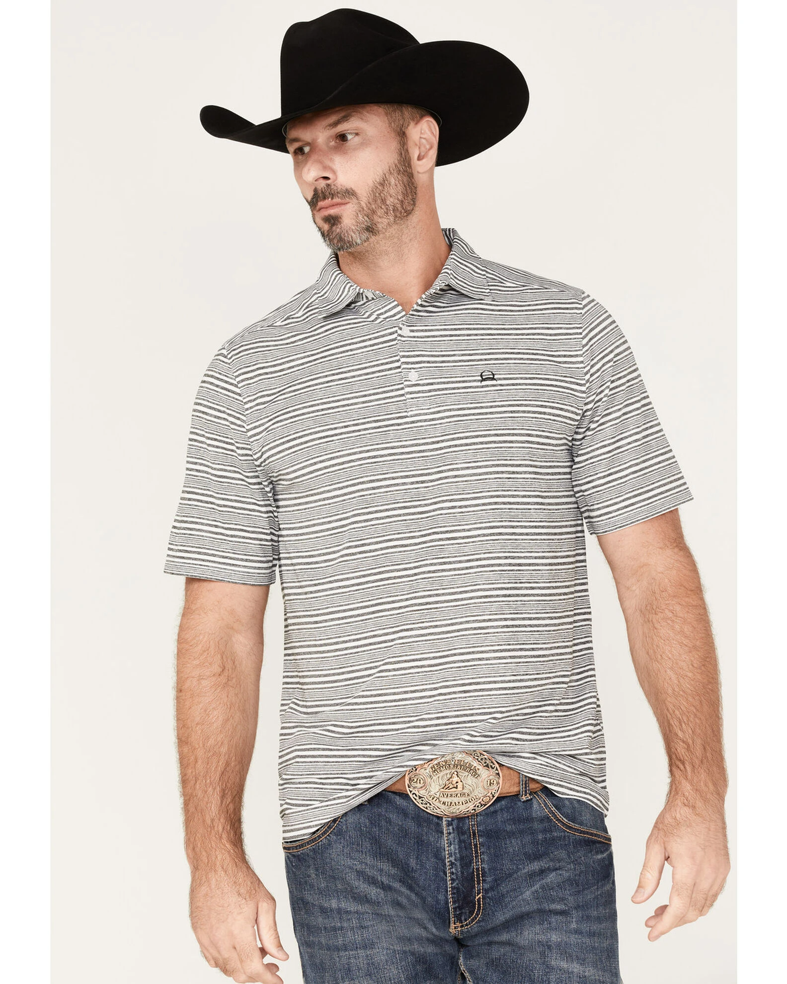 Cinch Men's Arena Flex Grey & White Stripe Short Sleeve Polo Shirt 1 Cinch Men's Arena Flex Grey & White Stripe Short Sleeve Polo Shirt