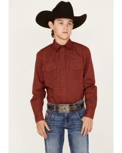 Cinch Boys' Dotted Geo Print Long Sleeve Western Snap Shirt Burgundy -Cinch Shop 2000373457 640 P1 1
