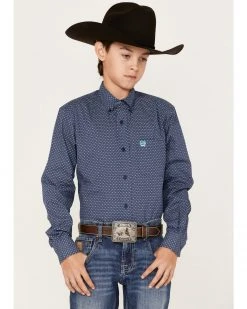 Cinch Boys' Dotted Print Long Sleeve Button-Down Shirt Blue -Cinch Shop 2000373460 400 P1 1