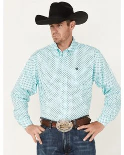 Cinch Men's Box Geo Print Button-Down Western Shirt  Light Blue