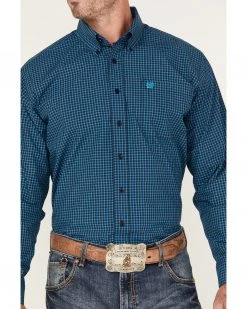 Cinch Men's Plaid Print Long Sleeve Button-Down Shirt Dark Blue -Cinch Shop 2000375243 401 P4